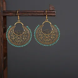 2021 Retro Women's Round Gold Color Earrings Turkish Jewelry Bijoux Vintage Handmade Green Silk Turkey Boho Earrings