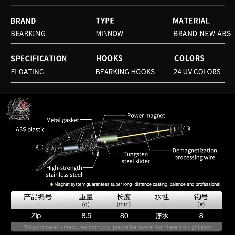 BEARKING-80mm 8.5g 전문 품질 자석 무게 낚시 미끼, 미노우 크랭크 핫 모델 인공 미끼 태클