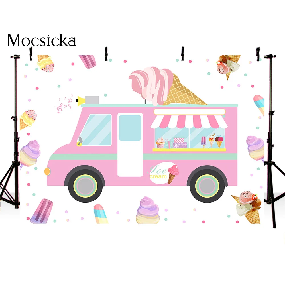 Mocsicka Birthday Backdrop Sweet Candy Ice Cream Truck Shop Party Decoration Newborn Baby Cake Smash Background Photocall Banner