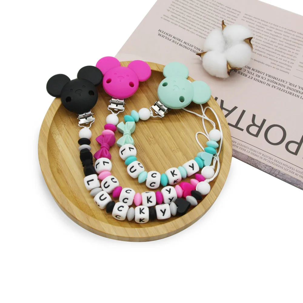 Cute-idea 1set Mouse Silicone Personalised Name Baby Pacifier Clips Silicone Beads Bowknot Pacifier Chain Baby goods Shower Gift