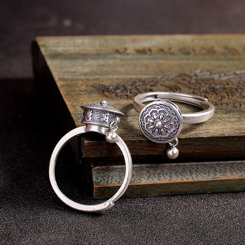 

Uglyless GOOD LUCK Buddhistic Prayer Wheel Spinning Rings Men Women Rotating 6-word Mantra Unisex Rings 925 Silver Lotus Bijoux