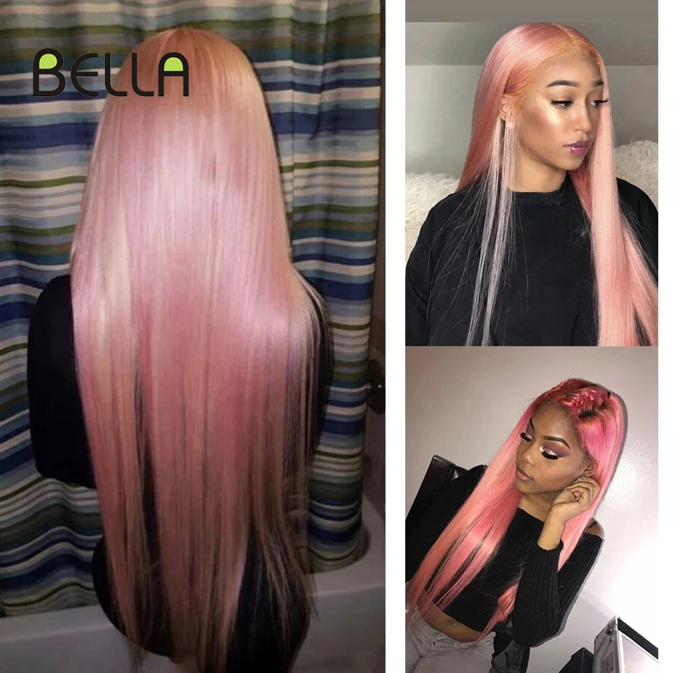 Bella Roze Kleur Synthetische Kant Voorkant Pruik Voor Vrouwen Lang Steil Haar Pruiken Middendeel Kant Full Head Vlecht Cosplay Roze Grijs