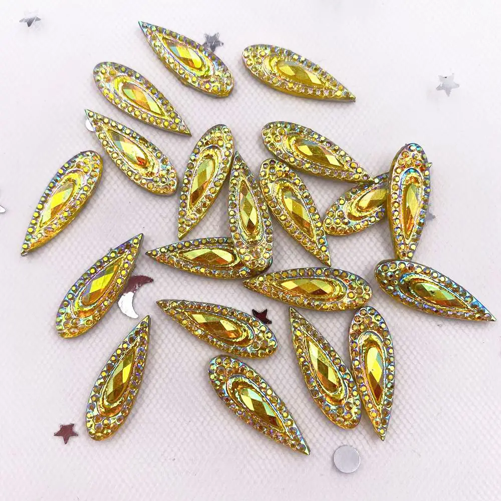 60PCS Shiny AB Resin 6*20mm Peacock Eye Teardrop Gem Beads Flatback Rhinestone Scrapbook DIY Wedding Applique Ornament G92