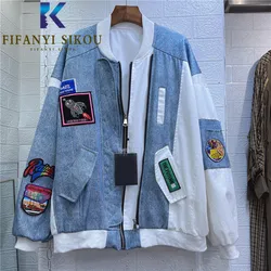 Denim Spliced Jacket Women Fashion Badge Embroidery Zipper Patchwork Jackets Coat Streetwear Loose Bomber Jacket Female 2021 New