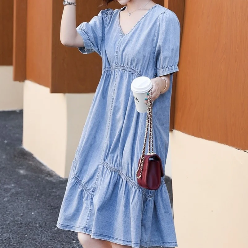 

Denim Women Dress Short Sleeve V Neck Sweet A Line Dresses Loose Fit Solid Color Pullover Knee Length Summer Harajuku Dress New