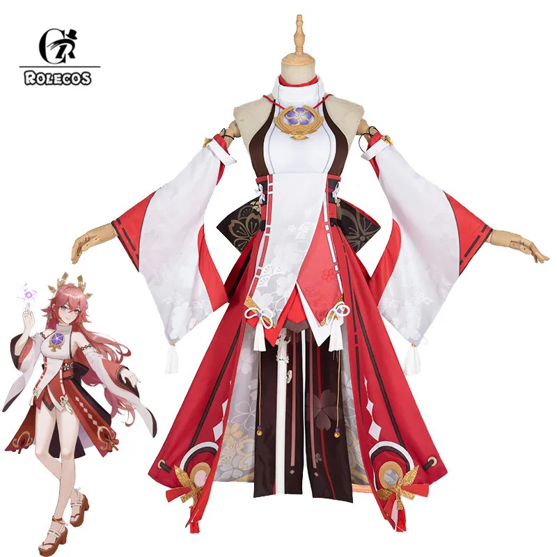 

ROLECOS Game Genshin Impact Yae Miko Cosplay Costume Yae Guuji Cosplay Costume Sexy Women Dress Halloween Necklace Full Set