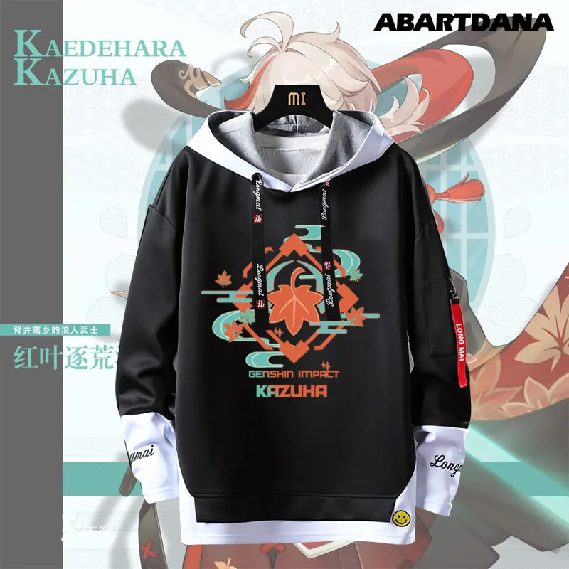 Game  Cosplay Kaedehara Kazuha Stitching Fake Two-piece Men Women Sweaters Streamers Hooded Pullover Hoodies