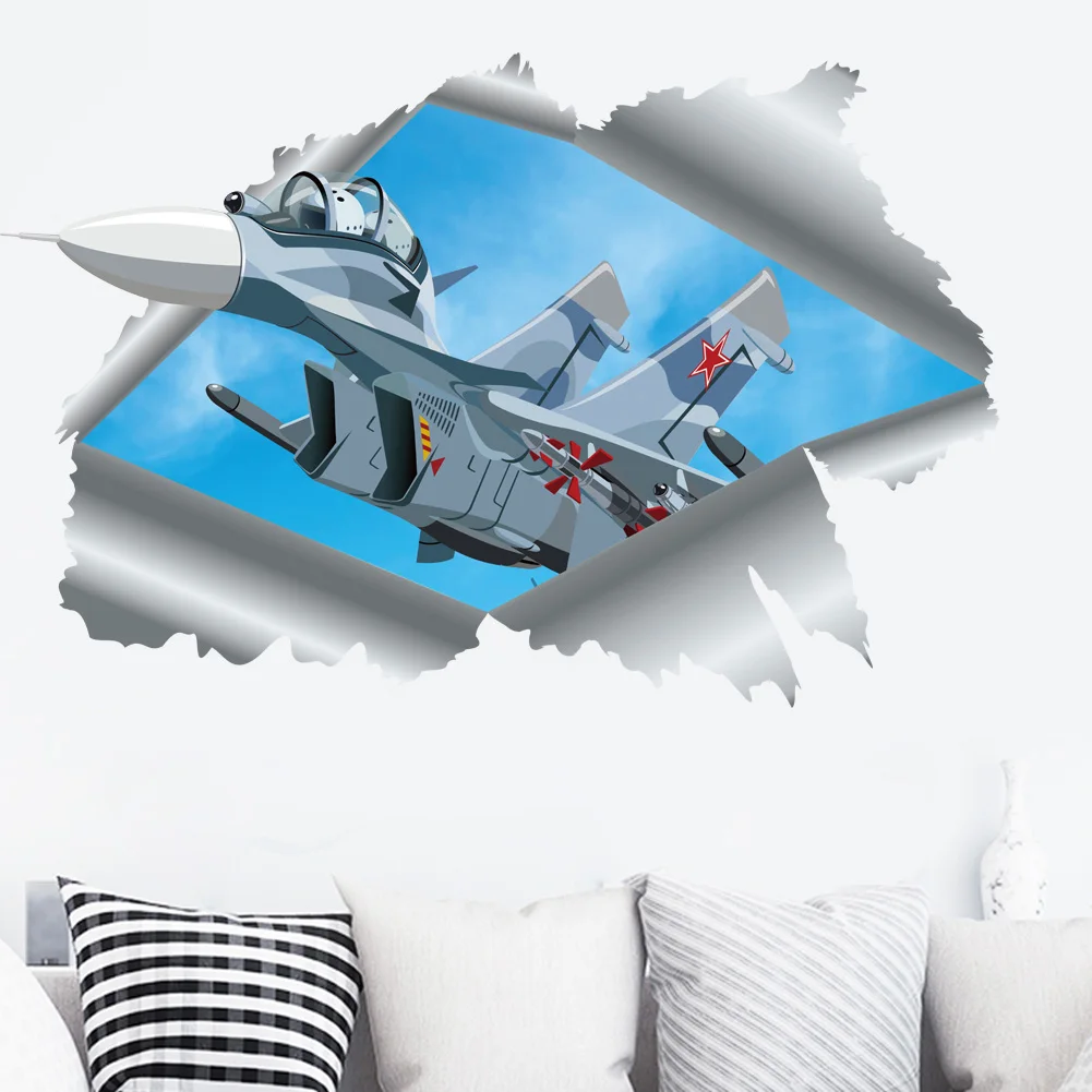 6 styles 3D broken wall airplane creative home wall stickers chariot decoration stickers for kids bedroom