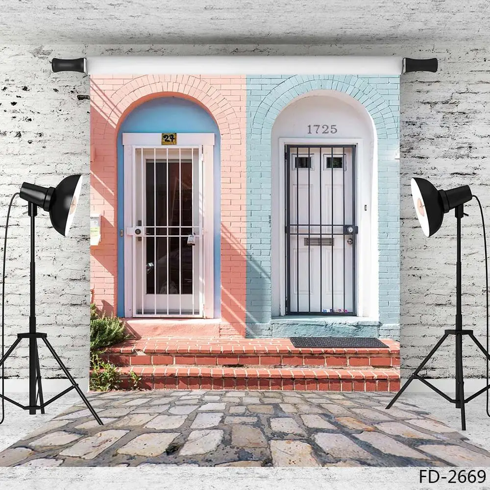 Pink Blue Brick Wall Arch Door Photography Backdrops Vinyl Background Photo Studio for Children Lovers Portrait  Photophone