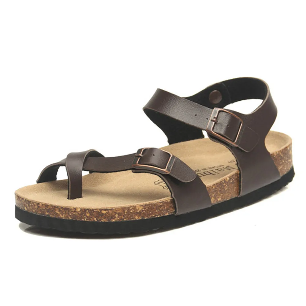 Male Fashion Cork Sandals 2024 New Men Casual Summer Beach Gladiator Buckle Strap Flats Shoes Non-Slip White Brown Black Silver