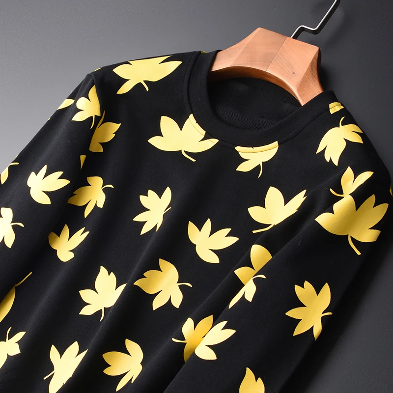 100% Cotton Sweatshirts Men Luxury Yellow Leaf Printed Round Collar Sweatshirt Male Plus Size 4xl Spring Mens Hoodies