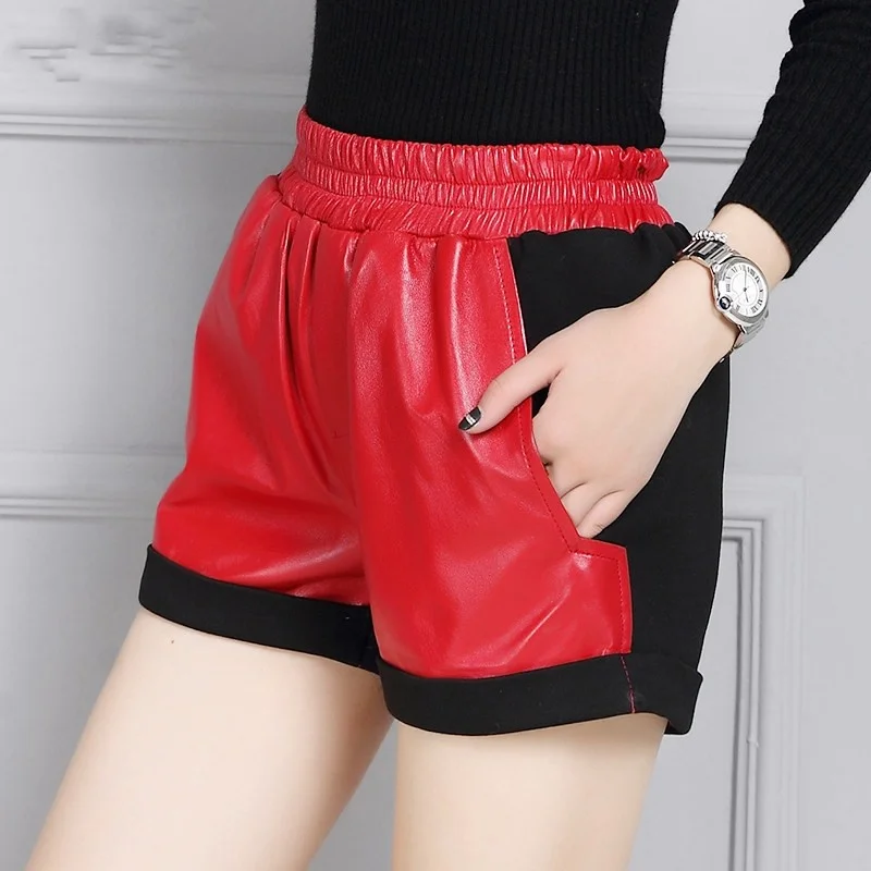 Wide Patchwork Leg Short Pants Women Elastic Waist Ladies Mini Shorts Streetwear Winter Casual Sheepskin Genuine Leather Shorts