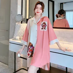 Women Casual Sleep Shirt Print Satin Nightgown Sleepwear Loose Nightdress Intimate Lingerie Summer New Lounge Wear Homewear