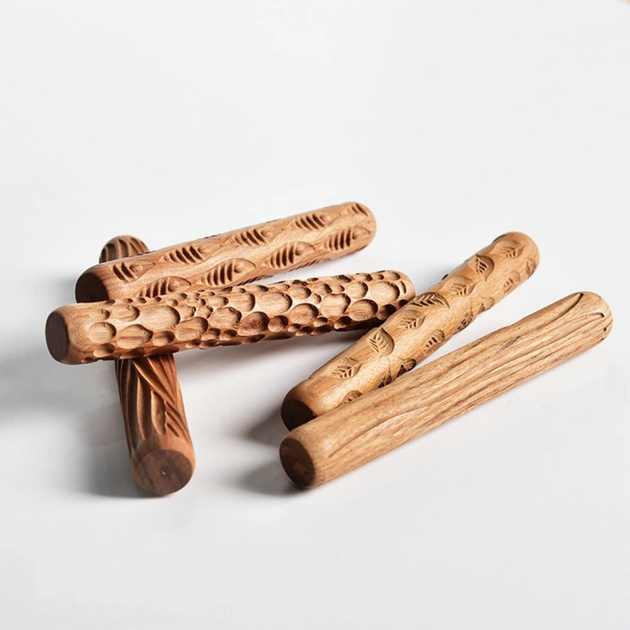 Rolling Wood Carved Texture Printing Clay Tool Embossed Clay Pattern Roller Stic