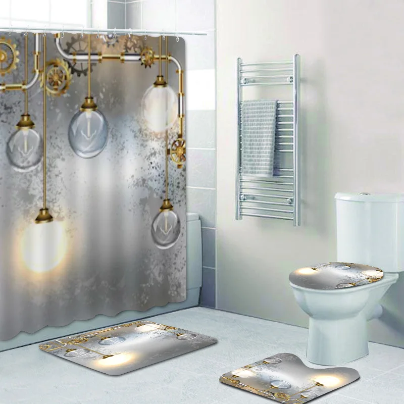 Antique Industrial Shower Curtains Bathroom Curtain Set Light Bulb Steampunk Composition Brass Bath Curtains Mats Rug Home Decor