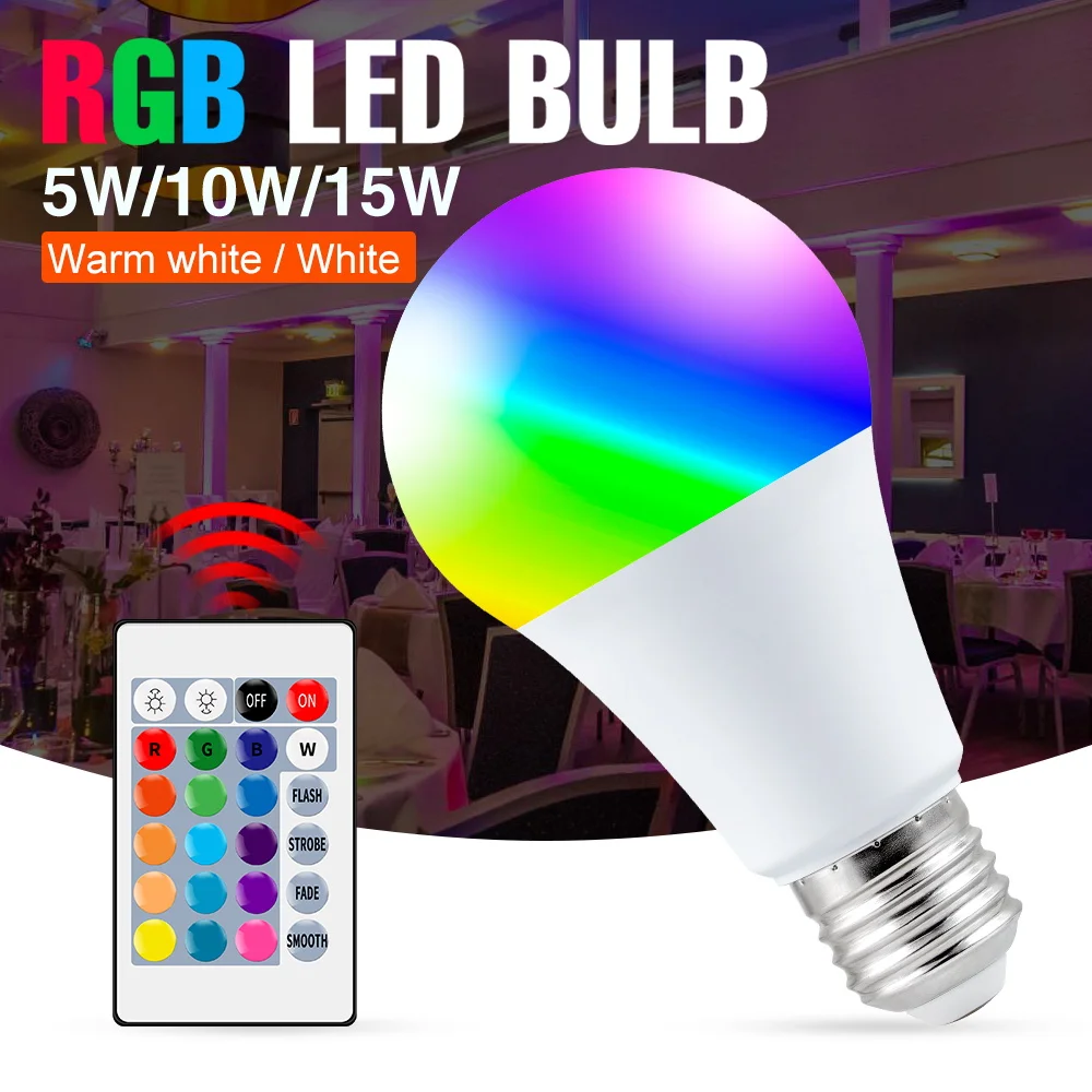 Lâmpada led rgb e27, lâmpada colorida de 240v com controle remoto infravermelho, rgbww 5w, 10w, 15w, infravermelho, luz regulável 110v