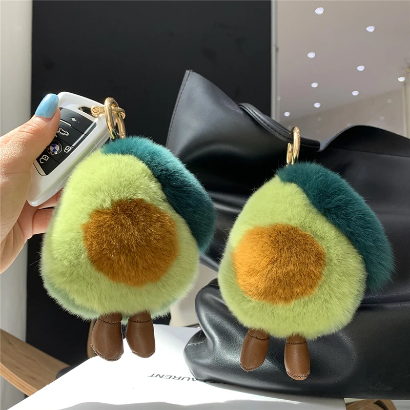 Fluffy Soft Real Fur Keychain Rex Rabbit Avocado Cute Bag Ornaments Pendant Toys Women Accessories Car Key Ring Trinkets Gift