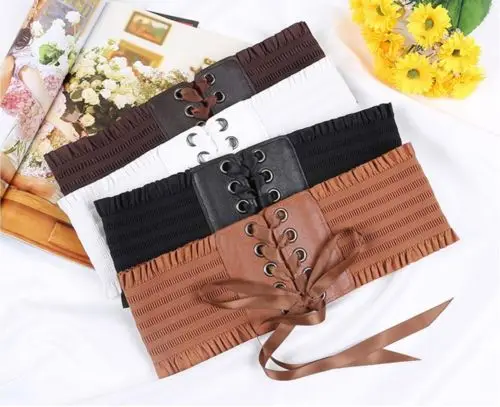 Women Ladies Fashion Stretch Belt Tassels Elastic Buckle Wide Dress Corset Soft PU Leather Waistband