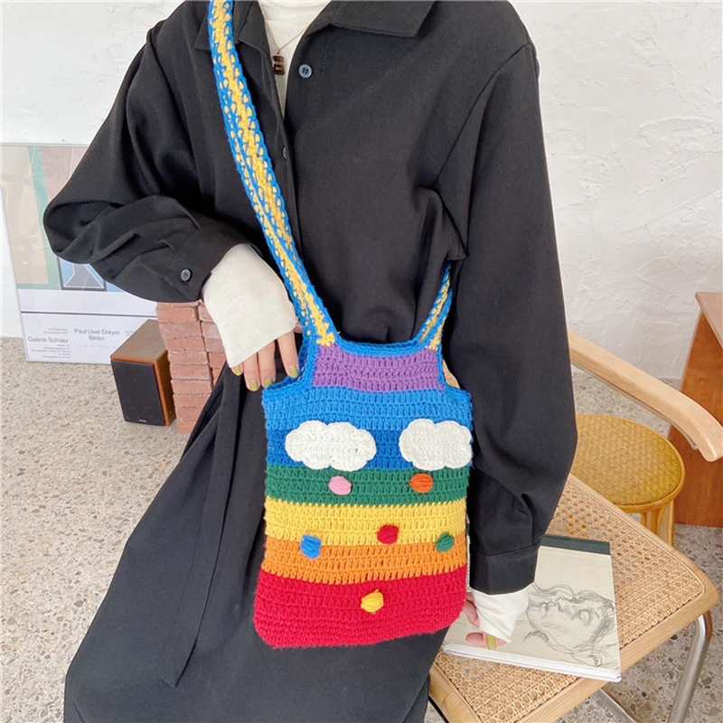 Youda New Design Knitted Rainbow Colors Women Shoulder Bags Classic Large Shopping Bag Casual Ladies Handbags Girl\'s Tote