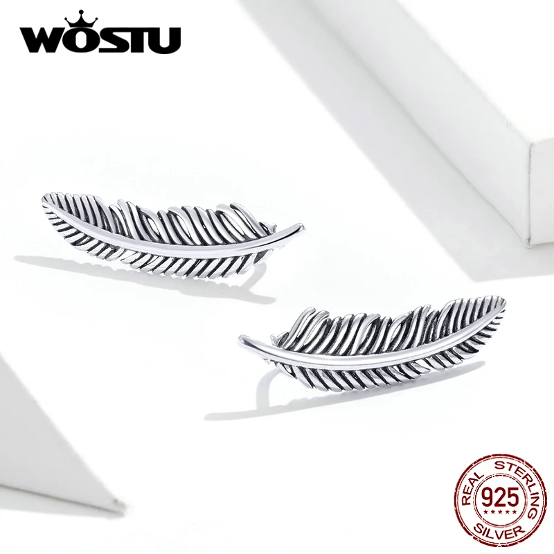 WOSTU Vintage Feather Stud Earrings 925 Sterling Silver Fashion Small Earrings For Women Wedding Authentic S925 Jewelry FIE865