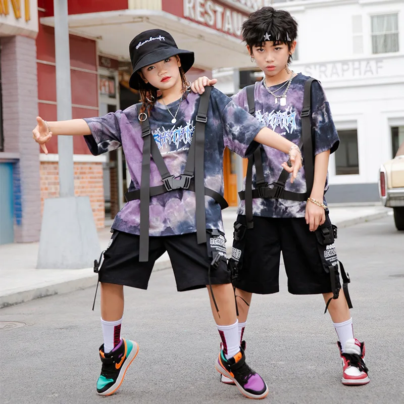 Kid Hip Hop Clothing Tie Dye Harajuku Shirt Strap Oversized T Shirt Top Summer Cargo Shorts for Girls Boys Dance Costume Clothes