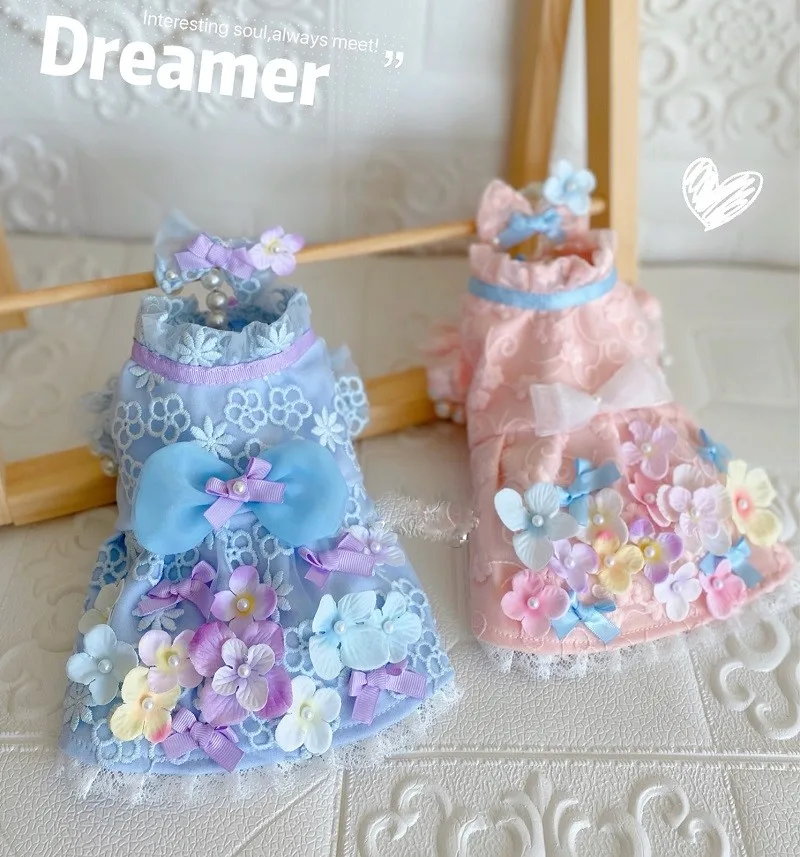 

Fresh Design Dog Clothes Pet Dress Rainbow Flowers Soft 100%Cotton Lace Comfortable Outwear Party Princess Poodle Yorkie Maltese