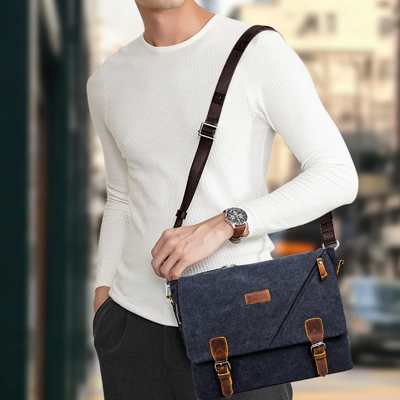 Scione Retro Canvas Multifunction Messenger Shoulder Bag Solid Briefcases Suitcase Card Pocket For Men Outdoor Office Bag