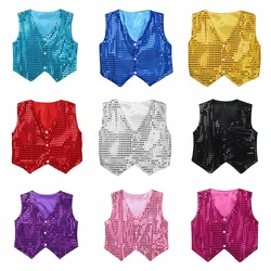 Children Hip-hop Jazz Street Dance Vest Boys Girls Shiny Sequin Waistcoat Kids Choir School Show Party Stage Performance Costume