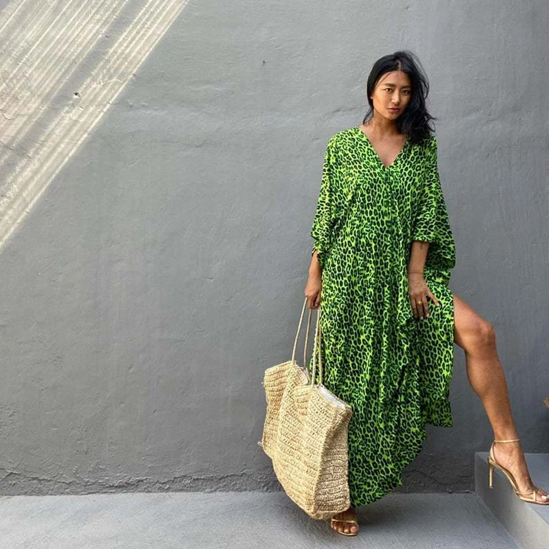 Green Leopard Print Women\'s Dress Comfy Lounge Wild Animal Camouflage Color Kaftan Airy Gown Chic Summer Long Tunic Resortwear