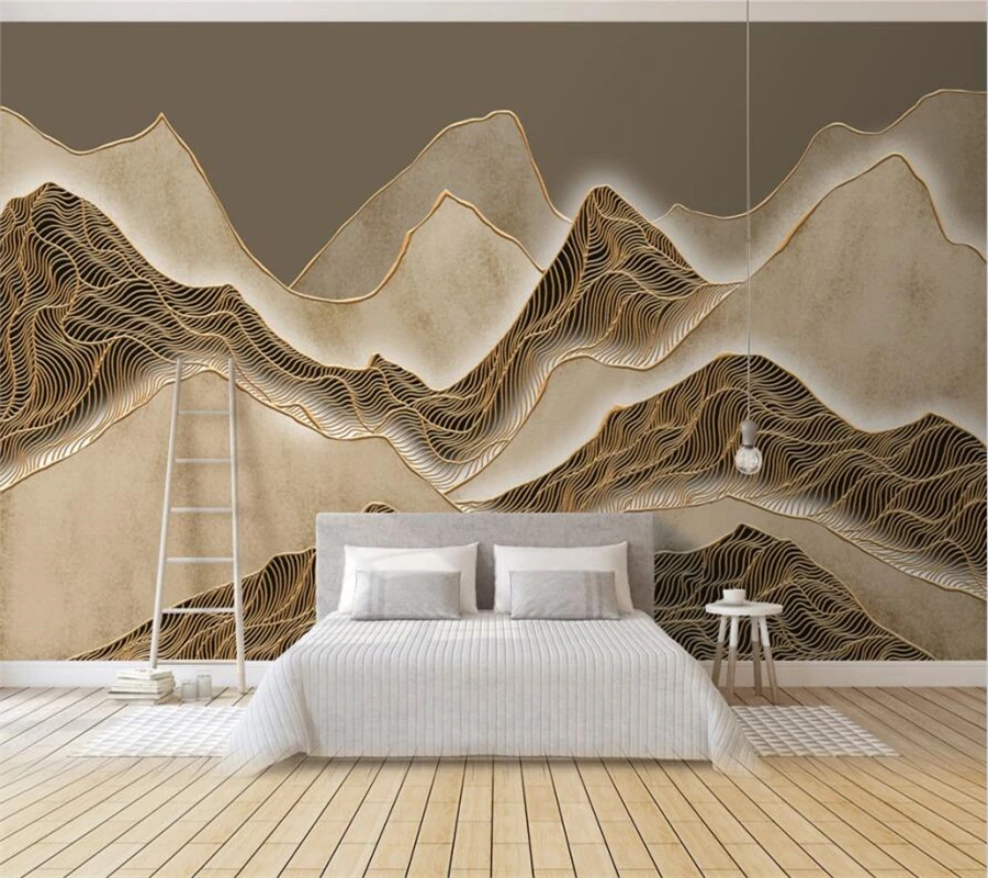 

wellyu Customized large-scale mural Chinese art retro artistic conception abstract gold line ink landscape background wallpaper