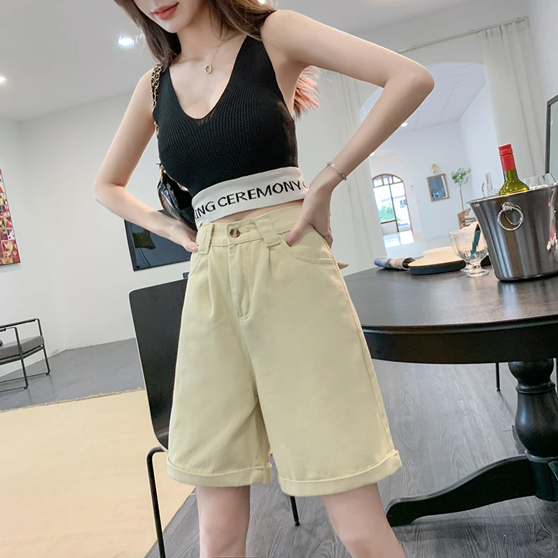 Vintage Half Length Denim Shorts For Women Casual Knee Long High Waist Shorts Korean Loose Straight Five Points Shorts Jeans