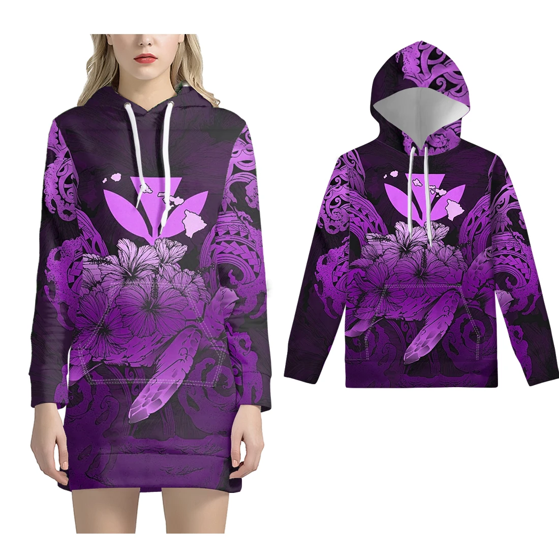 

NOISYDESIGNS Couple Pullover Women Hooded Sweatshirts Dress Maoli Polynesian Tribal Hibiscus Plumeria Casual Long-sleeved Hoodie