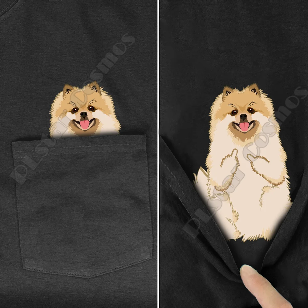 Pomeranian Pocket Tee T Shirts summer printed t-shirt men for women tops black cotton funny Short sleeve tops Drop shipping