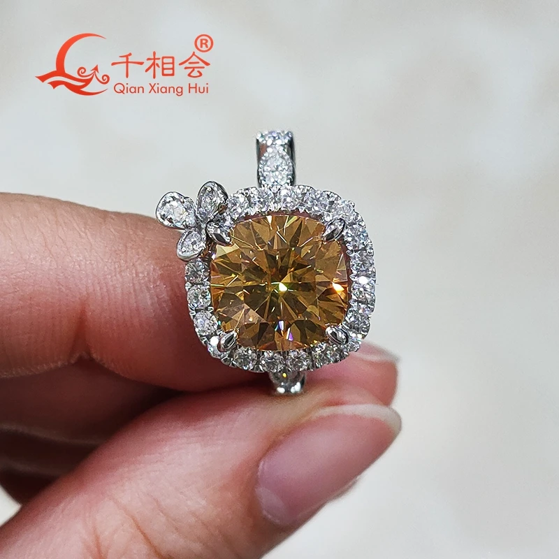 s925 silver ring 10mm champagne yellow or white color cushion shape little flower white D moissanite for Wedding dating