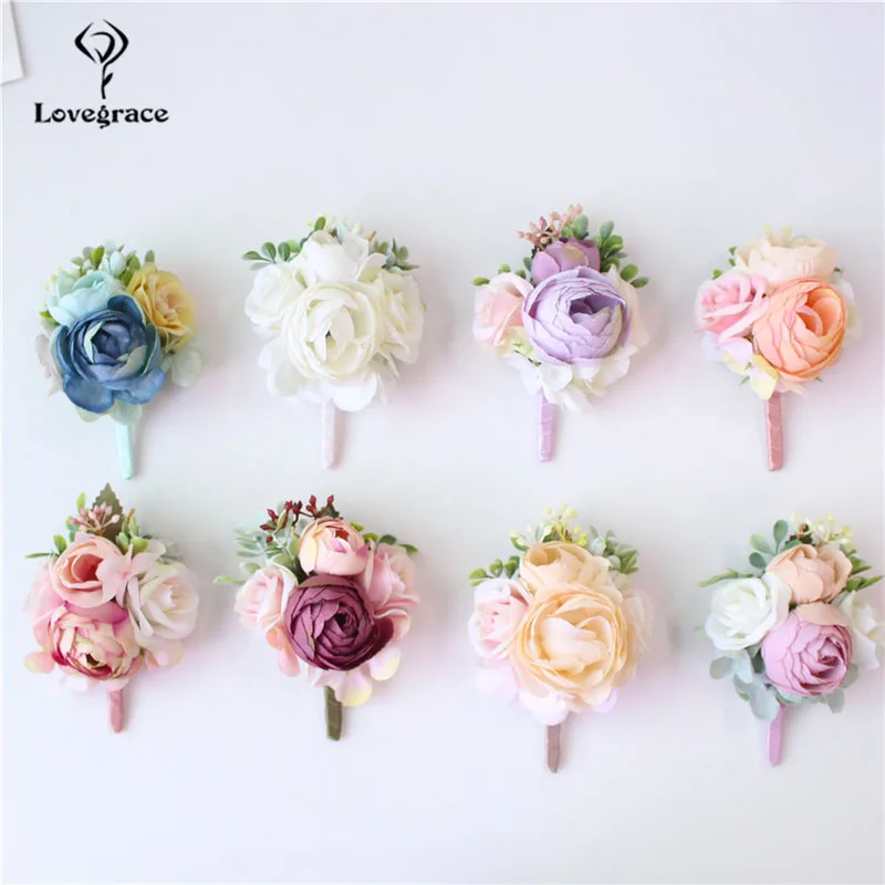 Lovegrace-ramillete de novio para hombre, Pin de Boutonniere, ramillete de muñeca de novia, pulsera de seda de champán burdeos, accesorios de flores de boda de graduación