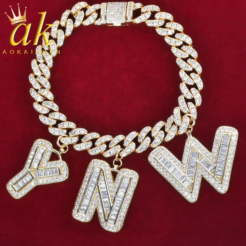 

Aokaishen Custom Name Baguette Letters Bracelet Men's Zircon Hip Hop Rock Jewelry Letter Replaceable