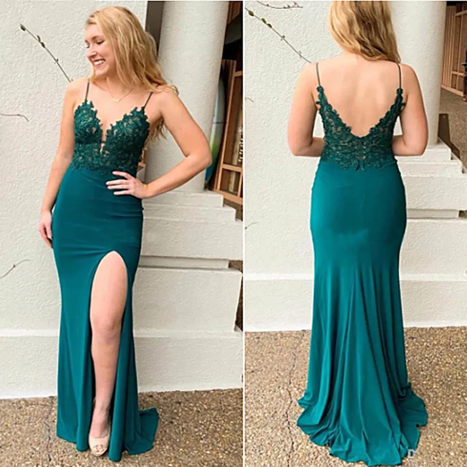 

Plus Size Sleeveless Custom Evening Dresses Satin Prom Party Gown Formal Girls Pageant V-Neck Mermaid Applique Thigh-High Slits