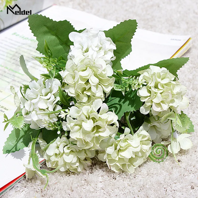 Meldel 5 Branches Silk Lucky Ball Artificial Flower Bouquet White Big Faux Fake Flower Home Decoration Wedding Party DIY Arrange