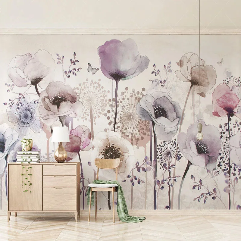 Custom Mural Wallpaper 3D Hand Painted Watercolor Flowers Purple Floral Painting Living Room Bedroom Abstract Art Wall Papers 3D