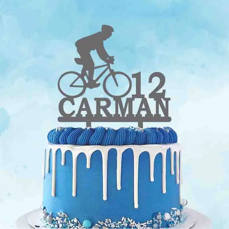 Personalized Cycling Cake Topper Custom Name Age Riding Bicycle Silhouette Cyclist Birthday Party Cake Decoration Topper YC142