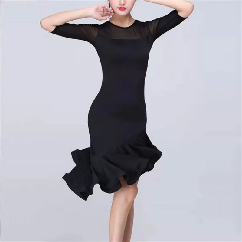 Latin Dance Dress Female Adult Performing Ballroom Tango Cha Cha Latin Dance Dresses New long Sleeve Tassel Skirt Dance Dress