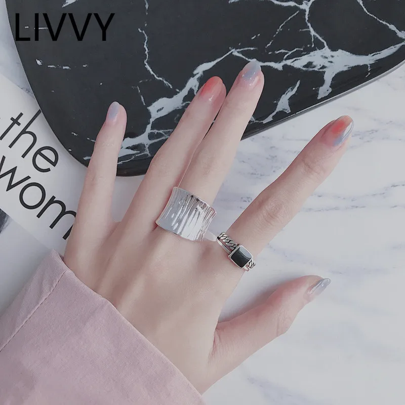 

LIVVY Fashion Silver Color Black Drop Glaze Square Rings For Women Irregular Wide Rings Daily Party Jewelry Gifts