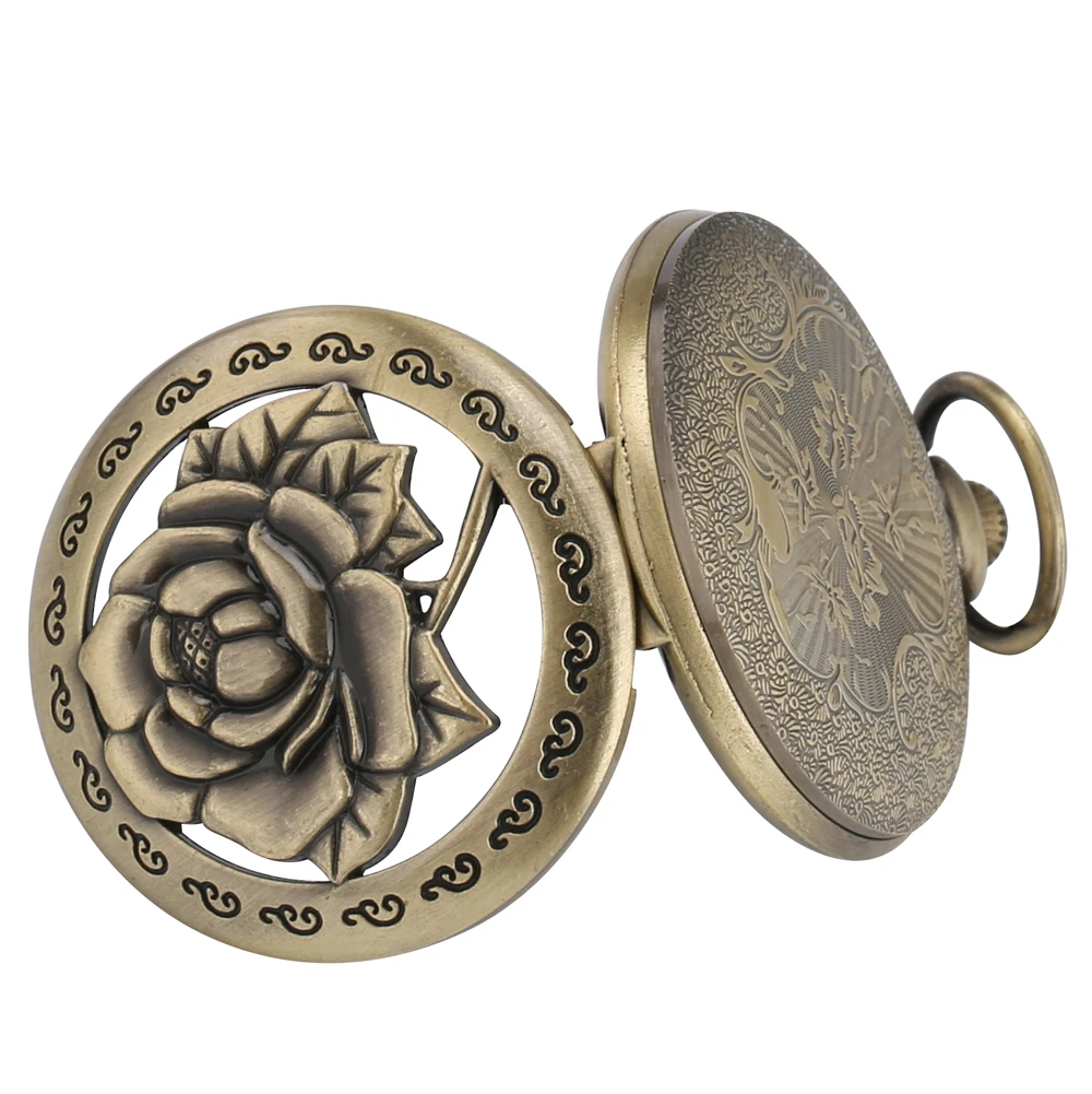 Antico Vintage Intagliare Rosa Caso di Tasca Del Quarzo Della Vigilanza Hollow Fiore Hollow Pendente Della Collana Della Catena Accessorio Bronzo Orologio Regali