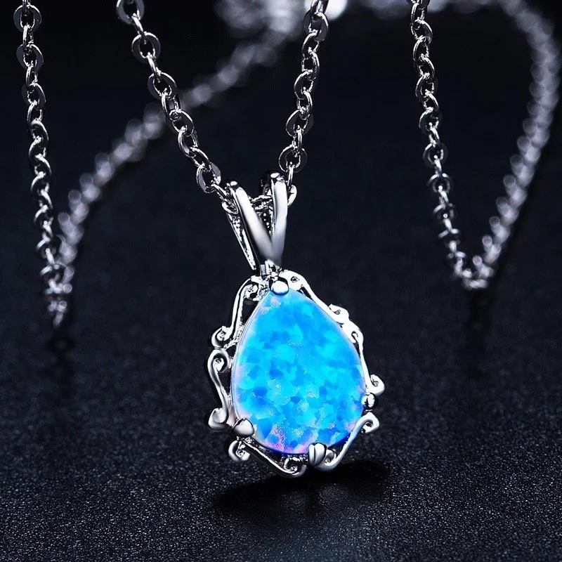 Fashion Necklace Charm Water-drop Geometric Blue Imitaztion Fire Opal Pendant Necklace For Women Accessories Bohemian Gift