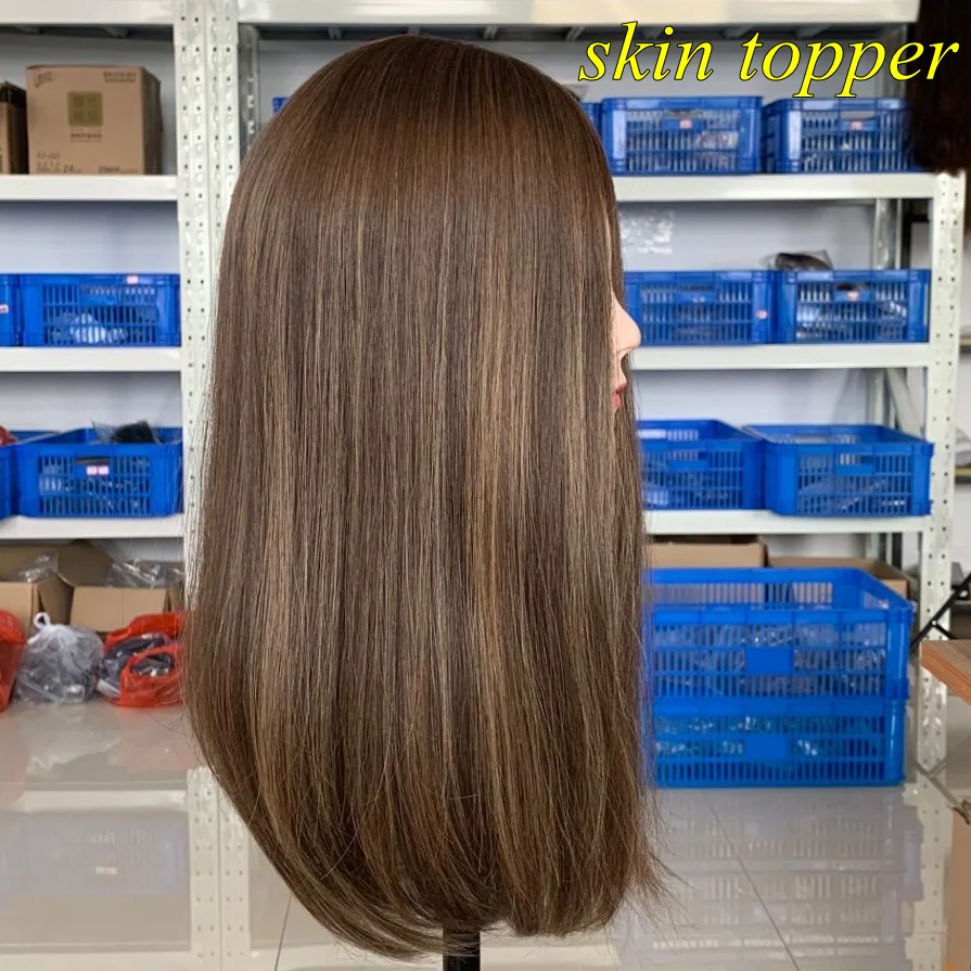 

Skin Jewish Topper 8*8 inches European Virgin Human Hair silk topper brown base with highlight Kosher Hairpiece Free Shipping