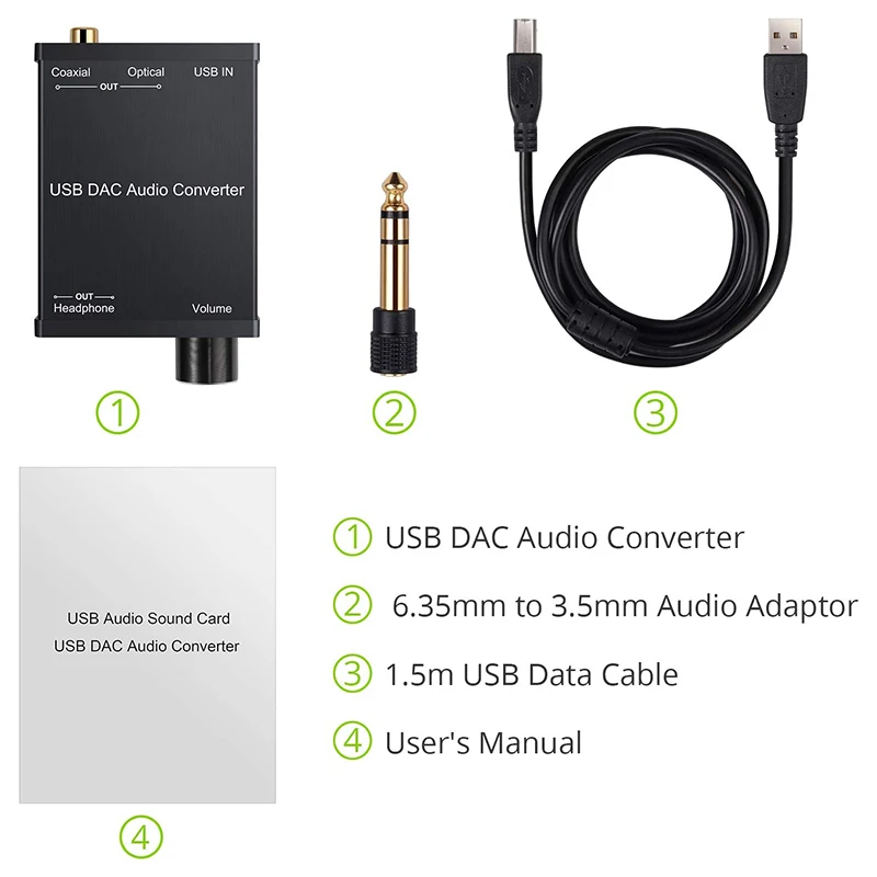 RISE-USB To Coaxial S/PDIF Optical 3.5Mm/6.3Mm Headphone Converter USB DAC Digital To Analog Audio Converter For Windows XP