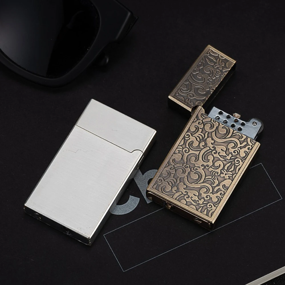 New Windproof Metal Kerosene Lighter Creative Embossed Pattern Retro Flint Grinding Wheel Petrol Cigarette Lighters Gift For Men