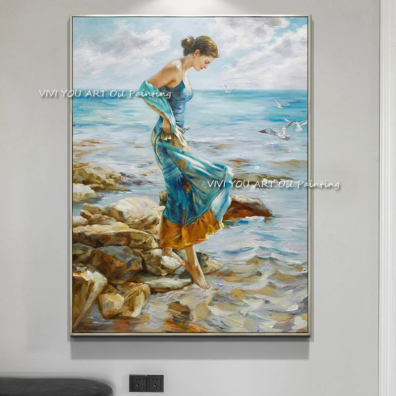 

The New Trendency Sea View Hand Painted Modern Large Abstract Oil Painting Wearing Blue Dress Woman Canvas Picture Girl Figure