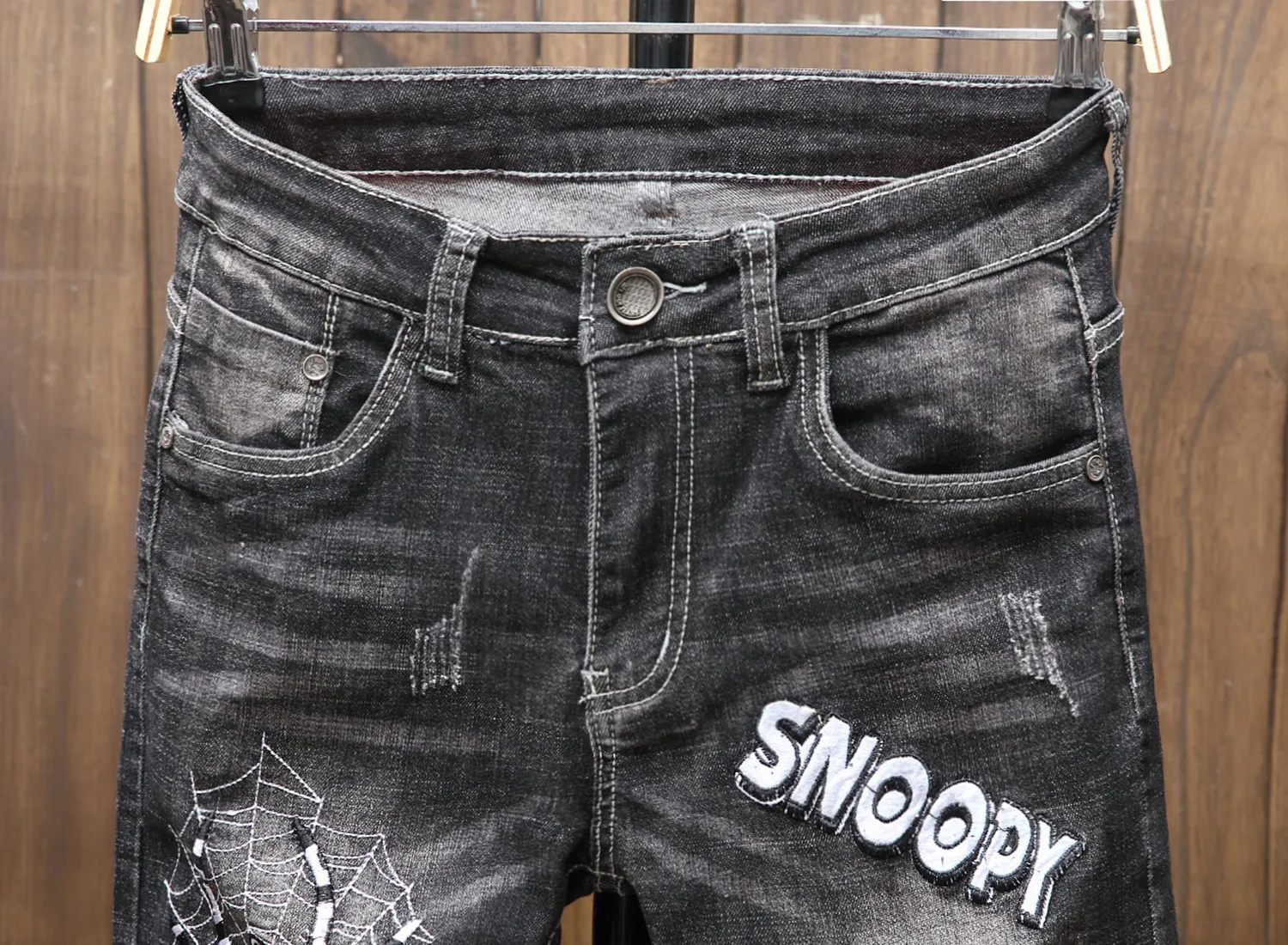 Black Jeans Men's Distressed Patch Letter Applique Stretch Pencil Pants Male Fashion Slim-fit Denim Trousers