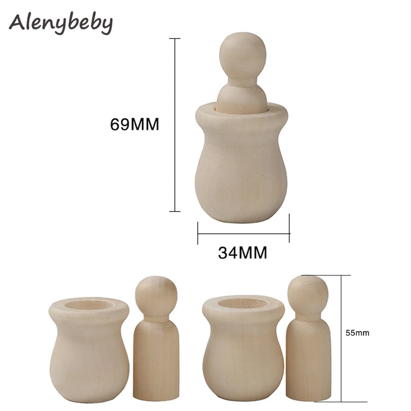 Cute Unpainted Blank Wooden Peg People Nesting Set Peg Dolls Crafts DIY Montessori Toy Creative Kid Toy Wedding Home Decorative